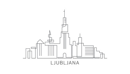 Obraz premium Ljubljana stroke, single art skyline. Continuous urban panorama silhouette outline, vector illustration of Slovenia city with buildings, skyscrapers. Thin line icon, logo, card