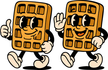 Retro Waffle Characters &ndash; Vintage Style Breakfast Food Mascots Illustration