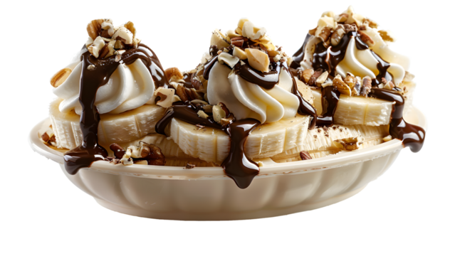 Classic banana split with creamy whipped topping, rich chocolate sauce, and chopped nuts, a indulgent dessert delight, on a transparent background.