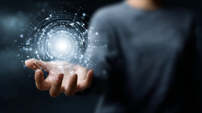 A man holding a glowing digital circle in his hand, surrounded by futuristic technology and connection lines, symbolizing the integration of AI into a business vision or creative process.