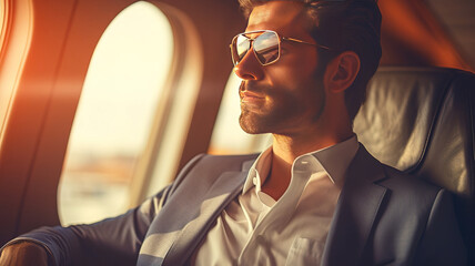European Caucasian Businessman in the airplane cabin using a smartphone. The sun is shining through the window. Business class
