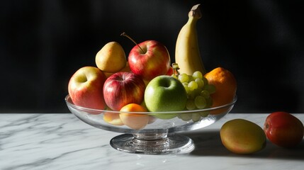 Glass bowl of assorted fruits apple banana orange and pear on marble table natural light kitchen