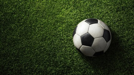 Fototapeta premium Classic black and white soccer ball lying on lush green field, awaiting upcoming competitive soccer match with anticipation