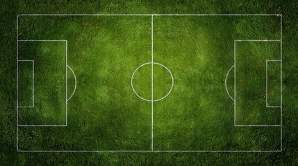 Aerial perspective revealing verdant soccer field with pristine white markings, anticipating competitive play beneath clear sky