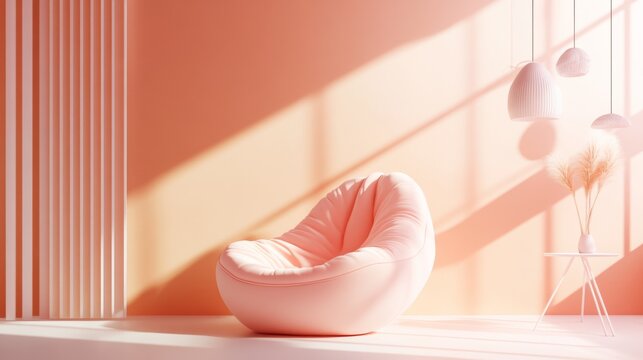 Modern pastel living room with armchair and decorative elements minimal relaxing interior sunlight cozy vibes