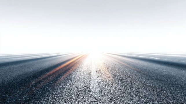 Misty asphalt highway vanishing into luminous horizon, light trails blurring roadside edges, suggesting transformative journey and boundless potential