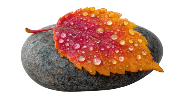 Autumn Dewdrop Harmony: An intimate moment captured in nature, featuring a vibrant autumn leaf adorned with glistening dewdrops, resting gently atop a smooth, gray stone.