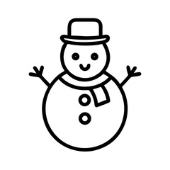 Outlined cartoon snowman with top hat and scarf on a white background