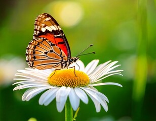Obraz premium Beautiful butterfly on a daisy flower in nature outdoors close up macro in spring or summer..jpg