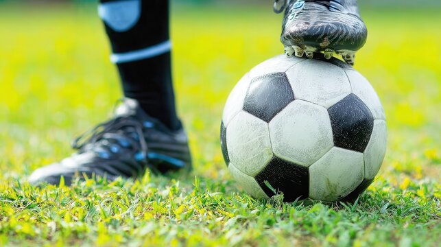 Soccer player standing confidently on grassy field, foot atop black and white soccer ball, embodying athletic readiness and competitive spirit before match