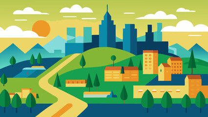Modern city skyline with rolling hills and winding road