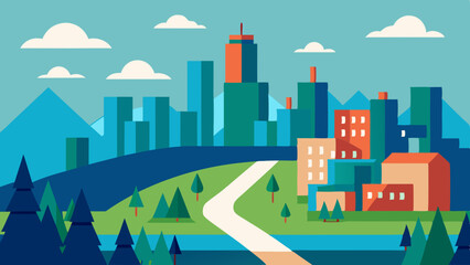 Modern cityscape with mountains and winding road