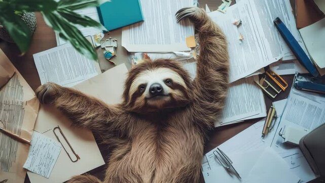 Sloth relaxing amidst office paperwork chaos