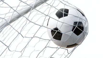 Naklejka premium Soccer ball soaring past goalkeeper, nestling into net with powerful trajectory, symbolizing pure athletic achievement and competitive spirit of football