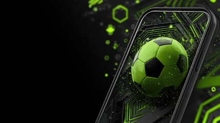 Digital soccer innovation showing glowing green ball bursting through smartphone display, dark minimalist background providing graphic design workspace