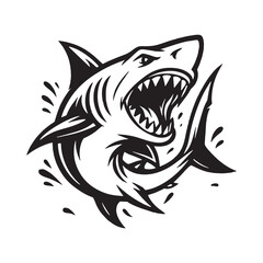 Stylized black and white shark art for t-shirt print, logos, and esports branding.