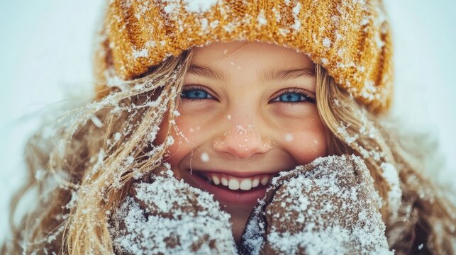 A young child wearing a bright knit hat, surrounded by snowflakes, beams joyfully while warmly dressed, embodying the magic of winter and the innocence of youth.