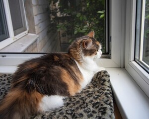 Tricolor calico cat on the window
