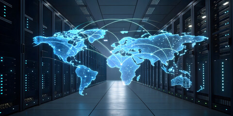 Global data connectivity visualization server room digital map high-tech environment perspective networking concept