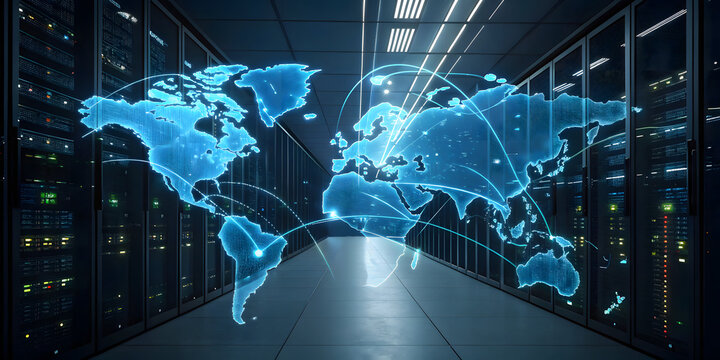 Global data connectivity event server room digital map visualization high-tech environment interactive perspective