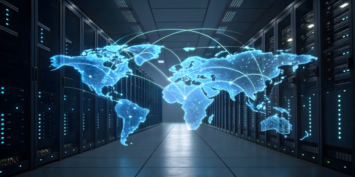 Global data connectivity visualization server room digital map high-tech environment perspective networking concept - Powered by Adobe