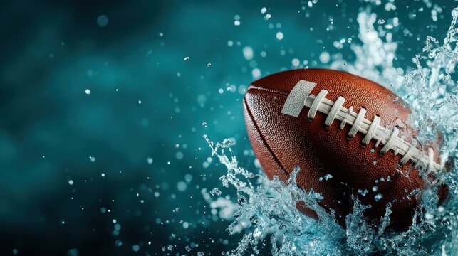 An action-packed image of a football splashing water as it is thrown in motion, conveying energy, excitement, and the spirit of sportsmanship and competition.