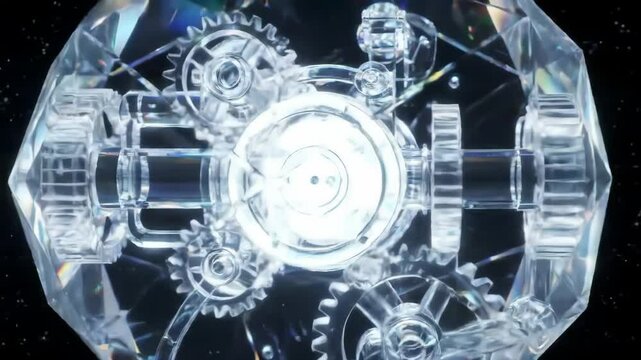 Prismatic polyhedral engine with rotating gears in zero-gravity sci-fi chamber