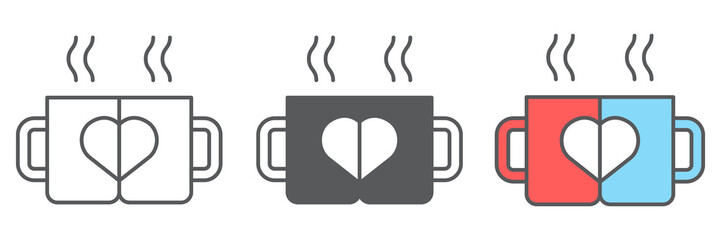 Lovely mugs icon collection, valentines day and cafe, mug with heart sign vector set graphics, editable stroke linear icon, eps 10
