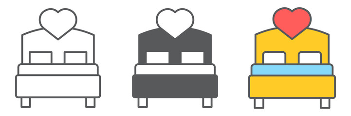 Love bed icon collection, valentines day and sex, bed with heart sign vector set graphics, editable stroke linear icon, eps 10