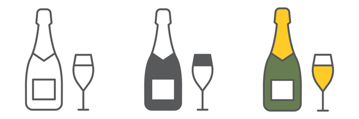 Champagne bottle with glass icon collection, valentines day and alcohol, champagne sign vector set graphics, editable stroke linear icon, eps 10