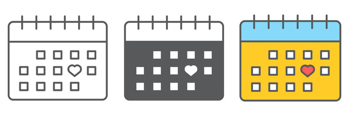 Valentines day calendar icon collection, valentines day and february 14, love calendar sign vector set graphics, editable stroke linear icon, eps 10