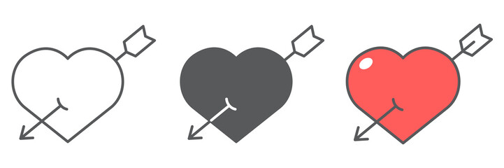 Pierced heart with arrow icon collection, valentines day and love, heart with arrow sign vector set graphics, editable stroke linear icon, eps 10