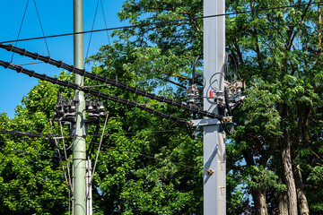 Utility poles and tram power lines are visible against a clear blue sky, with lush green trees in...