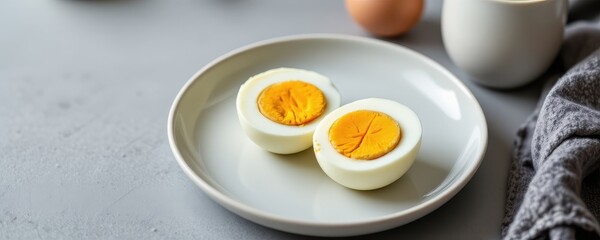 hard boiled eggs cut in half on clean plate, compact and complete protein source, minimalist breakfast concept for lean muscle and post workout recovery support