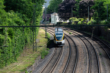 A sleek train moves swiftly on its tracks surrounded by lush greenery. The area features...