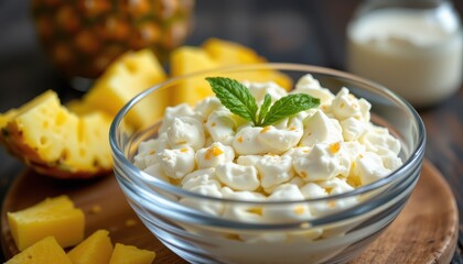 cottage cheese with pineapple in glass bowl, night time casein protein source, clean health concept for overnight muscle recovery and lean tissue support