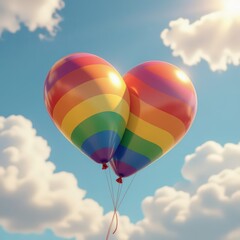 Naklejka premium Ultra-detailed 3D render of rainbow-colored, heart-shaped balloons drifting across a bright, sunny sky. Soft lighting and vibrant tones create a joyful, uplifting scene—