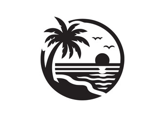 Beach with Palm Tree Silhouette Vector Illustration