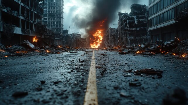 A haunting view of a deserted street engulfed in flames and destruction conveys a powerful narrative of loss, chaos, and the aftermath of disaster in a cityscape.