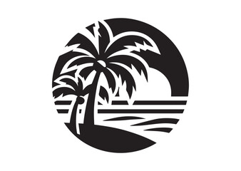 Beach with Palm Tree Silhouette Vector Illustration