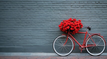 The image captures a quaint red bicycle adorned with a vibrant flower basket, symbolizing joy and a carefree lifestyle against a minimalist background.