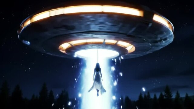 Kidnapping woman taken by UFO at night. Suitable for scifi, mystery, thriller, conspiracy theory, alien abduction, space exploration concepts.