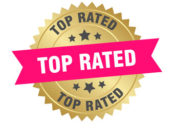 top rated. top rated round pink and gold label isolated on transparent background