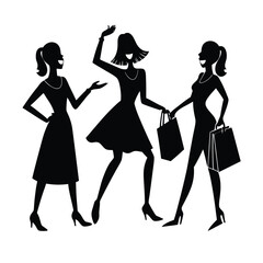 Three happy women celebrating and shopping in stylish black silhouette art vector illustration
