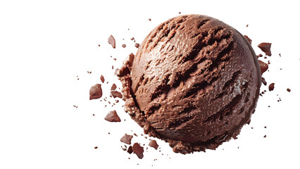 Rich dark chocolate ice cream scoop with scattered chocolate chunks, indulgent treat on a transparent background