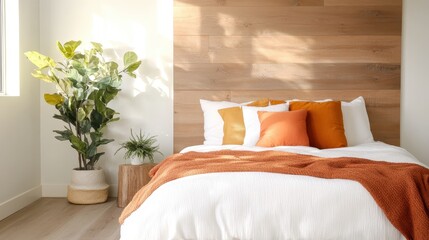 This inviting image presents a cozy bedroom atmosphere, featuring soft textiles, warm colors, and lively plants that create a harmonious and peaceful sanctuary for relaxation.