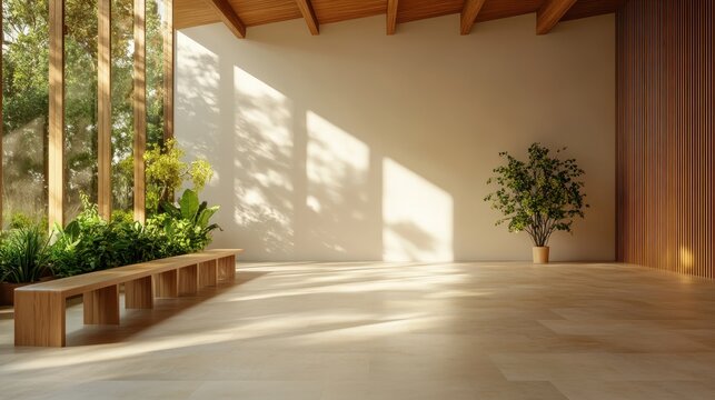 A bright and elegant modern interior space featuring large windows, natural light, and lush greenery, perfectly blending comfort and style in a serene and inviting atmosphere.