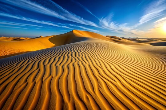 Golden desert dunes at sunset, textured sand patterns under a vibrant blue sky with wispy clouds