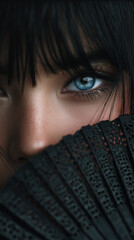Extreme Close up blue eyes of beautiful model woman cover face with black Hand Fans.