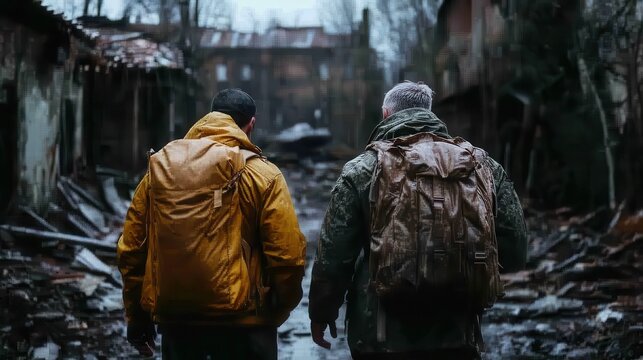 Two travelers dressed in rugged clothing explore a desolate urban setting, surrounded by crumbling buildings and overgrown vegetation, evoking an atmosphere of adventure and survival.